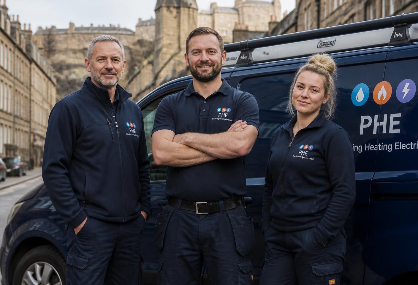 P Blackhall engineers beside a company van in Edinburgh